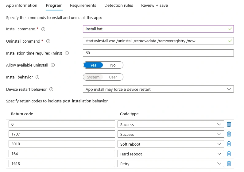 Intune Program Settings